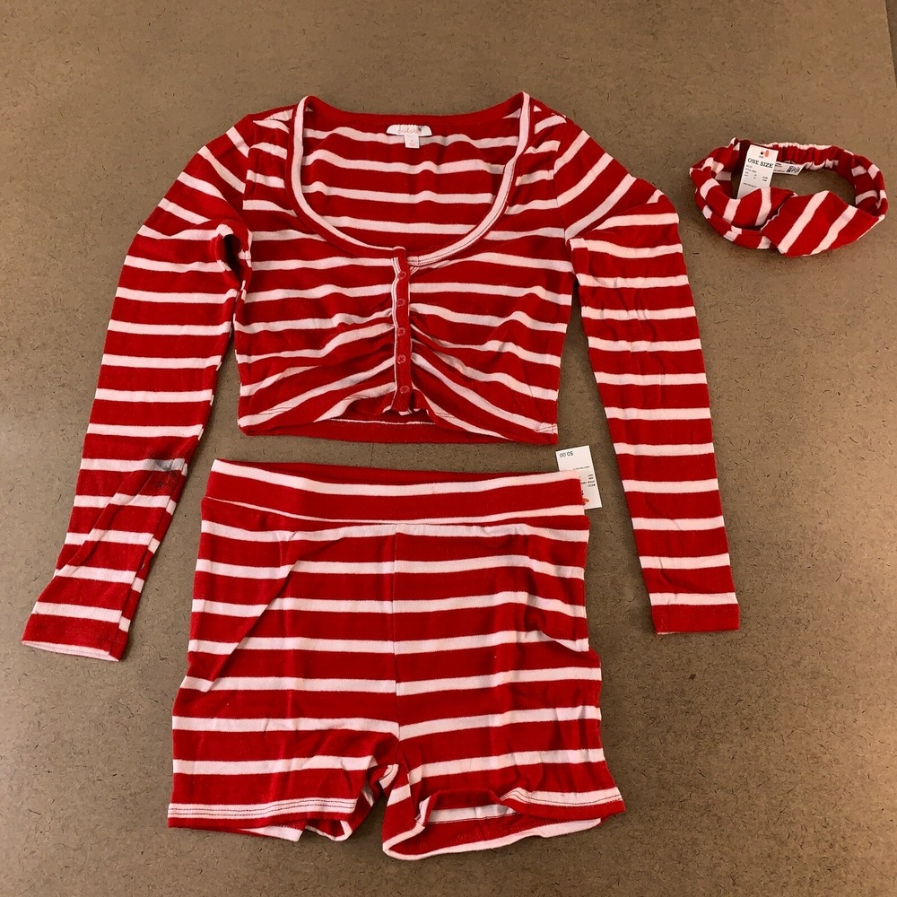 Colsie Women's Size Small Red Striped 3 Piece Pajama Set & Headband NWT *Flaw - Picture 1 of 12